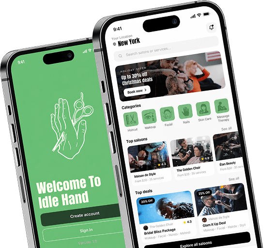 Idle Hand app on iPhone, welcome screen and home feed