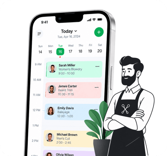 Idle Hand calendar on a phone next to a barber